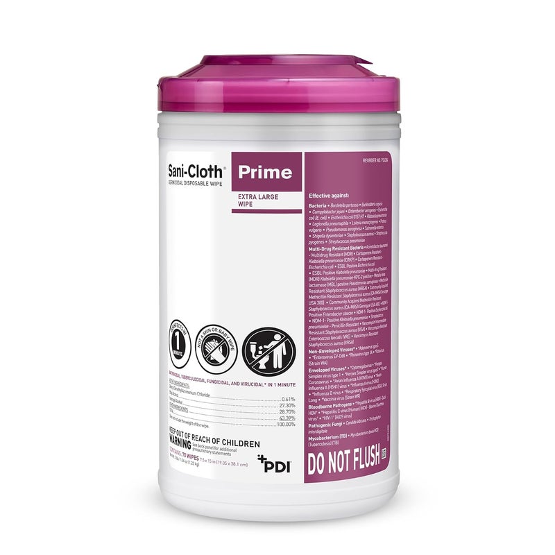 PDI Sani-Cloth Prime Germicidal Wipes, Hospital-Grade Surface Disinfecting Wipes, XL Wipes, 7.5" x 15", 70 Wipes - Image 1